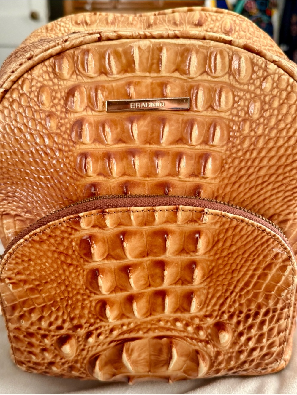 Brahmin Cognac Croc-Embossed Leather Backpack